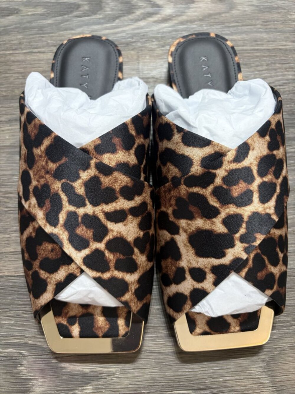 Katy Perry Checked In Slide Sandals 8 38 Leopard Print Satin Coffee Multi NEW - Picture 12 of 13